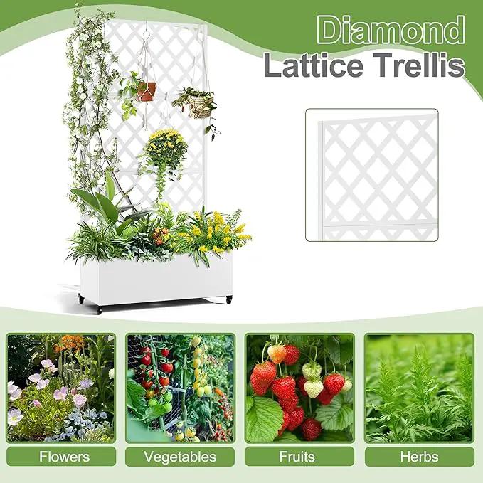 Metal Planter Trellis Box with Wheels & Drain Plug Outdoor Raised Garden Bed Patio Privacy Screen with Planter for Climbing Plants, Vegetables 73"x35"x16" White-Diamond by GreenHaven Gardens