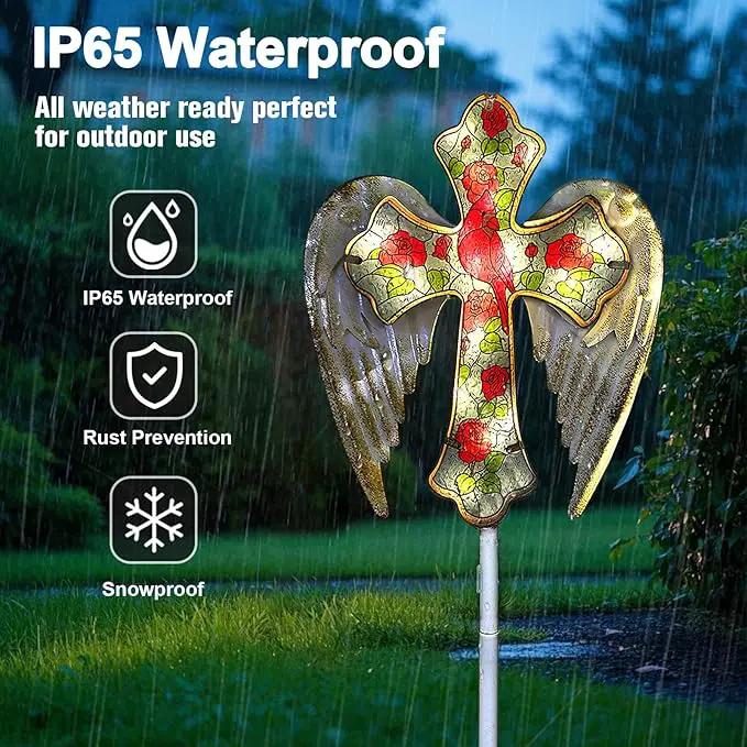Solar Cross Garden Lights, Solar Cardinal Stake Lights Cemetery Decorations for Grave, Jesus Cross Sympathy Memorial Gifts for Mother Grandma, Glass Garden Art for Yard Lawn Patio Decor by GreenHaven Gardens