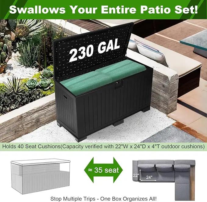 230 Gallon Outdoor Storage Box Waterproof, Extra Large Plastic Outside Deck Box Weatherproof, Resin Patio Storage Bin with Lock and Lids for Pool Equipment and Cusion by GreenHaven Gardens