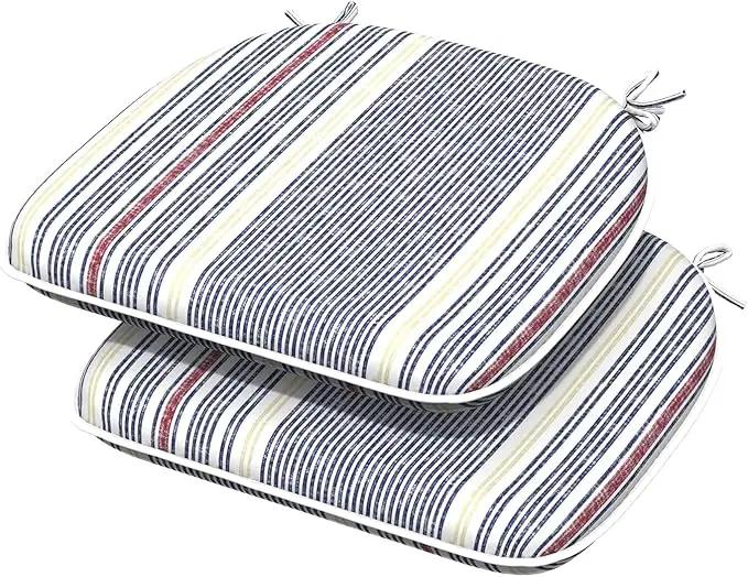 Indoor/Outdoor Chair Cushions 16x17 Inch, Patio Chair Cushions with Ties, All Weather Seat Cushions for Patio Furniture Home Garden Chair Use, Set of 2, Stripe Denim Blue by GreenHaven Gardens