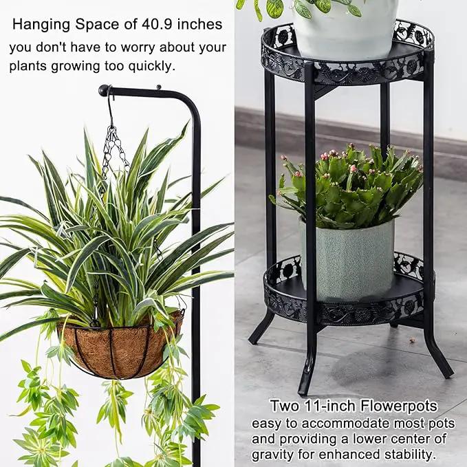 COPREE 2-tier Hanging Plant Stand, Space-Saving Iron Planter Shelves Flower Pot Organizer Rack Multiple Flower Pot Display Holder Shelf Indoor Outdoor Heavy Duty Planter Shelving Unit by GreenHaven Gardens