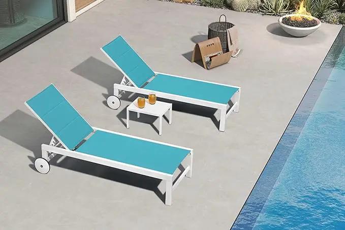 PURPLE LEAF Outdoor Chaise Lounge Set Staight Legs Adjustable Sunbathing Recliner with Side Table for Poolside Beach Outside Patio Aluminum Chaise Lounger Blue by GreenHaven Gardens