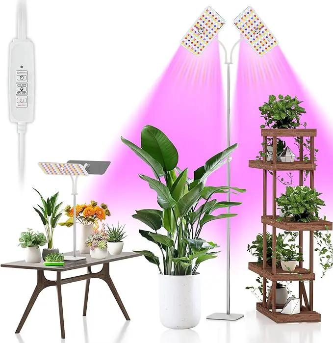 Grow Lights with Base, Double Head, Full Spectrum LED Grow Light for Indoor Plants, 240 Leds, 4 Dimmable Levels, Timer 4/8/12h, 12-60inches Height Adjustable, 36w, Ideal for Desk Small Plants by GreenHaven Gardens