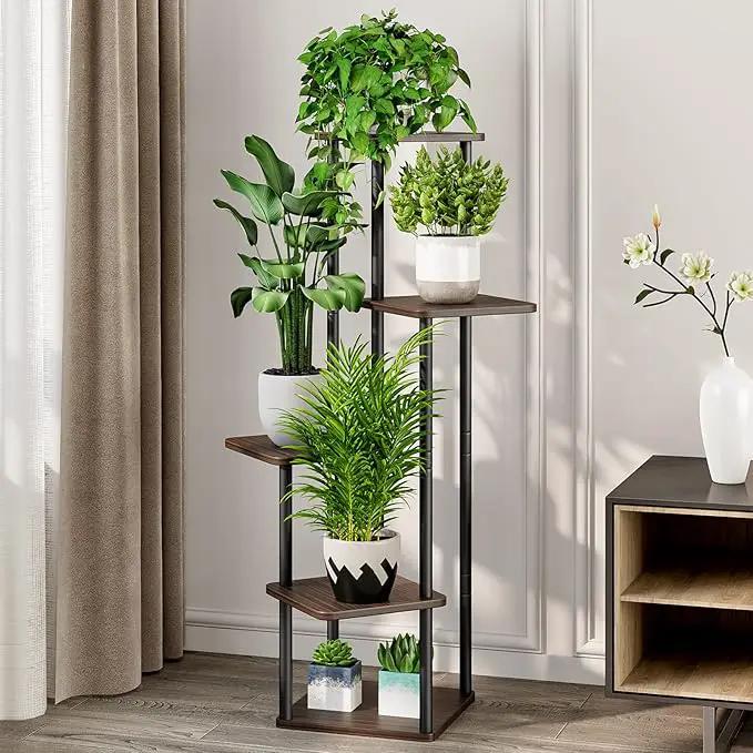 AZERPIAN Plant Stand 5 Tier Indoor Metal Flower Shelf for Multiple Plants Corner Tall Flower Holders for Patio Garden Living Room Balcony Bedroom, Black Oak (5 Tier-Black Oak) by GreenHaven Gardens