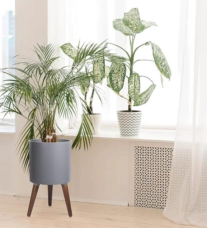 D'vine Dev 12 Inch Planter Pot with Stand, Mid-Century Tall Plant Pot with Legs for Indoor Plants, Large, Grey, 88-O-C-3 by GreenHaven Gardens