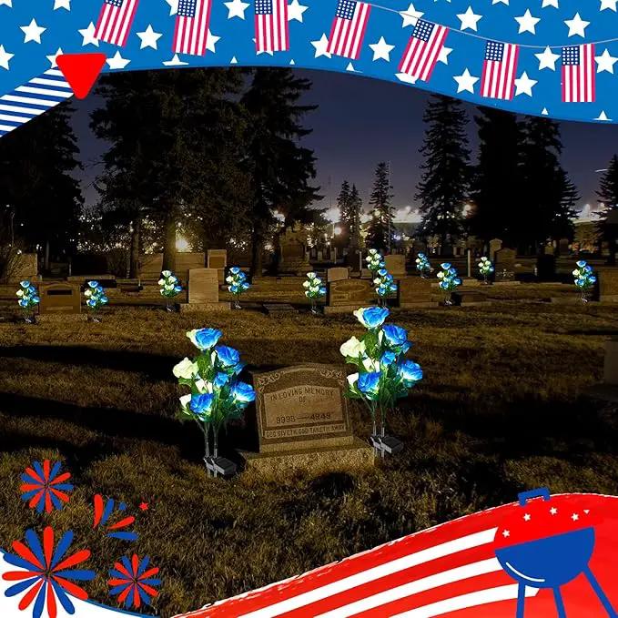 Woanger 4 Pcs Solar Flowers Cemetery Grave Decorations Outdoor LED Flower Lights with 6 Rose Powered Garden Stake Lights Waterproof for Independence Day Grave Decorations(Blue, White) by GreenHaven Gardens