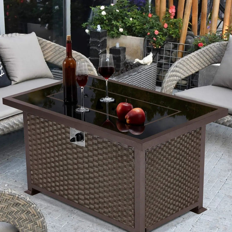 U-MAX 44in Outdoor Propane Gas Fire Pit Table, 50,000 BTU Auto-Ignition Gas Firepit with Glass Wind Guard, Black Tempered Glass Tabletop & Blue Glass Rock, Brown PE Rattan, CSA Certification by GreenHaven Gardens
