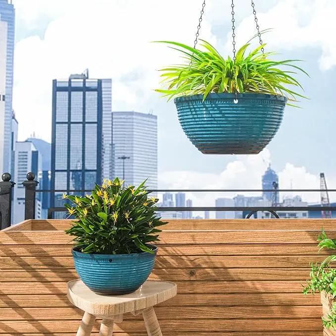 2 Pack Hanging Planters for Indoor Outdoor Plants, 10 Inch Hanging Planter with Drainage Hole & Plug Glazed Hanging Baskets Flower Pots for Garden Home (Blue) by GreenHaven Gardens