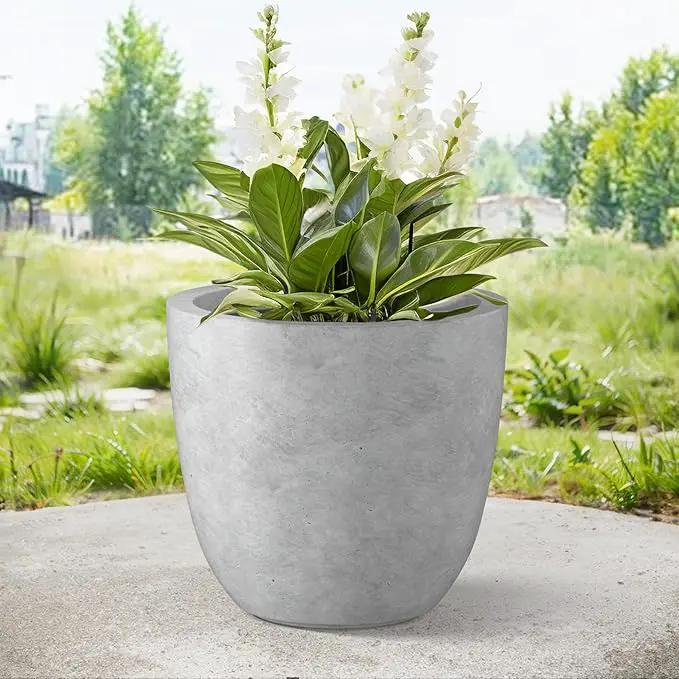 Kante 18 Inch Dia Round Concrete Planter, Indoor Outdoor Large Plant Pot with Drainage Hole and Rubber Plug for Home Patio Garden, Gray Concrete by GreenHaven Gardens