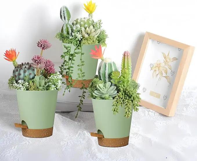 12 Pack 4 Inch Self Watering Plant Pots with Drainage and Saucers，Plastic Flower Pots for Indoor and Outdoor Plants, Nursery Planters for Houseplants and Herbs Green Brown, 4 inch 12pcs by GreenHaven Gardens