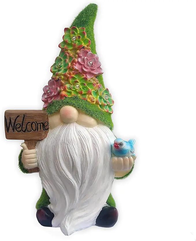 Solar Gnomes Garden Statues,Resin Gnome Figurine Holding Welcome Card and Bird with Solar Lights, Outdoor Gnomes Decorations for Yard Patio Lawn Porch, Garden Gifts by GreenHaven Gardens