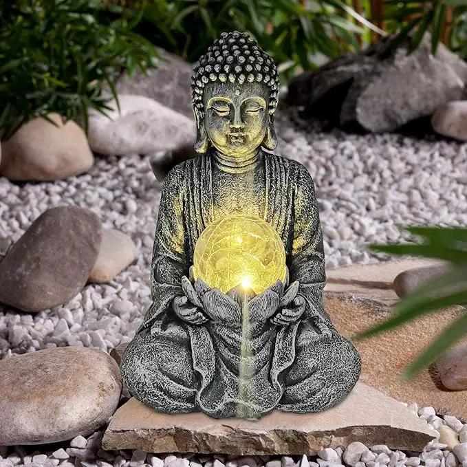 Nacome Meditating Buddha Statue with Solar Light,Zen Solar Garden Buddha with Cracked Glass Ball Sculpture-Indoor/Outdoor Decor for Balcony,Garden,Patio,Porch Yard Art Ornament,Gift by GreenHaven Gardens