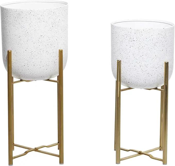 Deco 79 Metal Indoor Outdoor Planter Deep Dome Speckled Large Planter Pot with Gold Stands, Set of 2 Planters 22", 19"H, White by GreenHaven Gardens