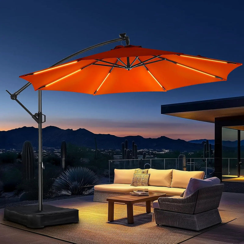 HOMSHADE 10ft Solar Lights Offset Cantilever Patio Umbrella - with Light and Base, LED Lighted Offset Hanging Patio Outdoor Market Umbrella UPF50+ UV Protection with Easy Tilt and Crank (Orange) by GreenHaven Gardens