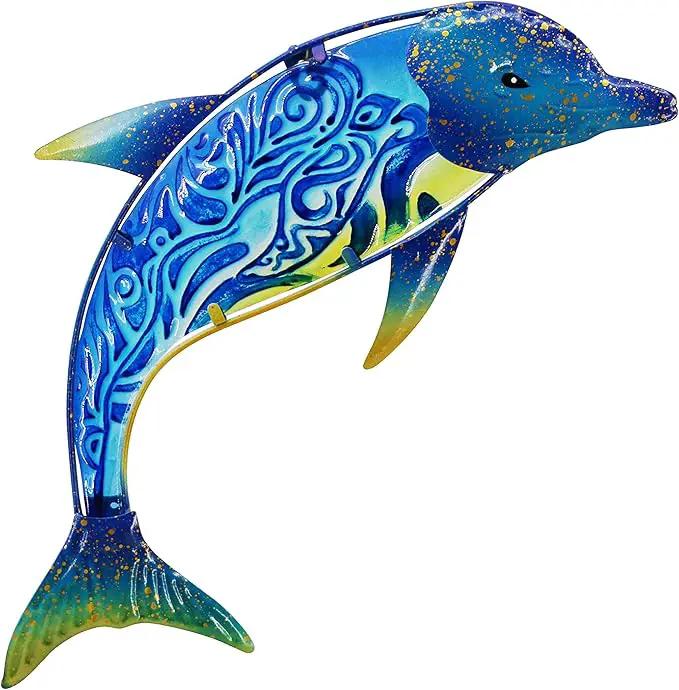 John's Studio Dolphin Wall Decor Outdoor Metal FIsh Sea Hanging Art Glass Sculptures Home Ocean Theme Decorations for Living Room, Bedroom, Yard, Fence and Patio - 17.5 Inches by GreenHaven Gardens