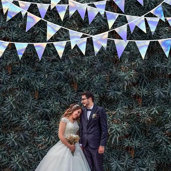 33Ft Iridescent Party Decoration Holographic Fabric Triangle Pennant Banner Flag Cotton Bunting Garland for Birthday Wedding Bridal Shower Bachelorette Engagement Disco Euphoria Galaxy Party Supplies by GreenHaven Gardens