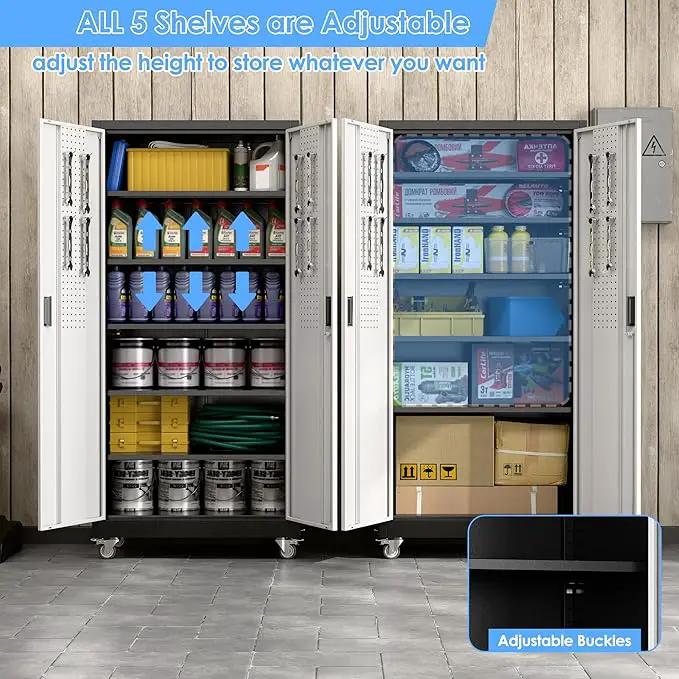 Metal Garage Storage Cabinet with Wheels & Pegboard, Lockable Metal Storage Cabinets with 2 Doors&5 Adjustable Shelves for Garage&Home,Assembly Required,Black Gray 71''H x32''W x16''D by GreenHaven Gardens
