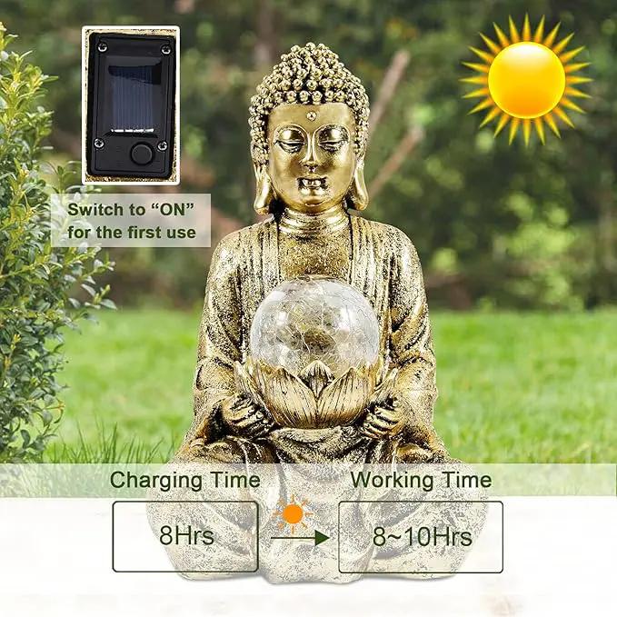 Nacome Meditating Buddha Statue with Solar Light,Zen Solar Garden Buddha with Cracked Glass Ball Sculpture-Indoor/Outdoor Decor for Balcony,Garden,Patio,Porch Yard Art Ornament,10.5 inch(Gold) by GreenHaven Gardens