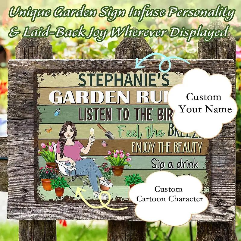 Personalized Retro Garden Metal Sign, Custom Cartoon Character and Name, Funny Garden Decor, Gift for Family, Friends, Women Gardeners, Gardening Lovers, Yard Outdoor Artwork Prints by GreenHaven Gardens