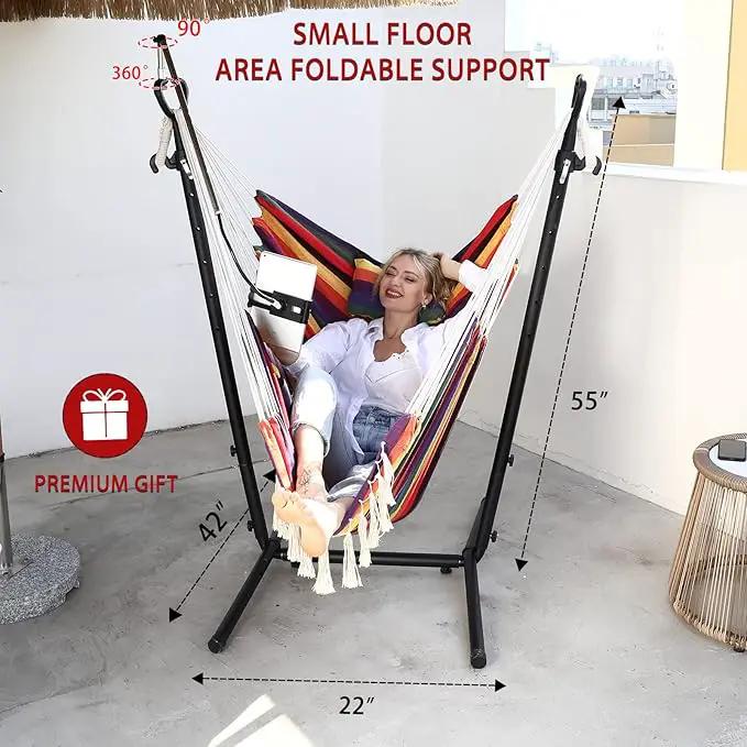 ZEYU Hammock Chair with Stand Double Hammock Chair Bohemian Style with Tassel Mobile Phone Support Manual Adjustable Swing Indoor and Outdoor Garden Porch with Floor mat Reclining Capacity 400 pounds by GreenHaven Gardens
