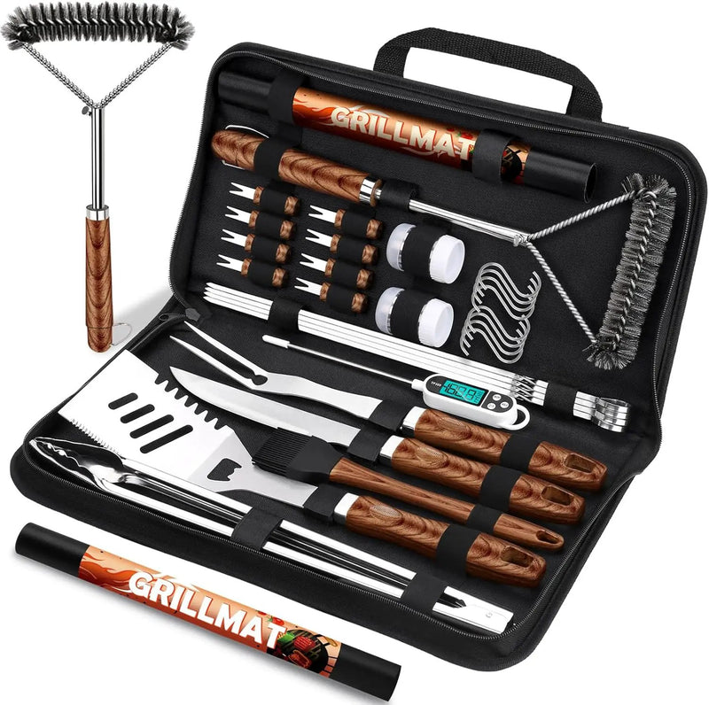 31pcs BBQ Grill Accessories Set for Men Dad, Heavy Duty Grilling Tools Gifts for Fathers Day, Stainless Steel BBQ Utensils Kit with Mats, Grill Brush in Carrying Bag Brown by GreenHaven Gardens