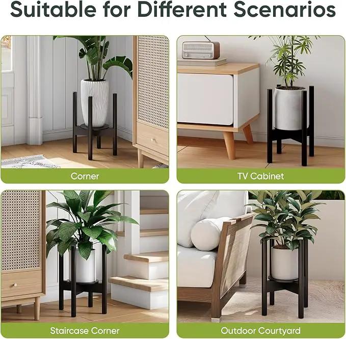 Adjustable Plant Stand, Bamboo Plant Stand Indoor with Tray, Wood Plant Stand for 8 to 12 inches Flower Pots, Single Mid Century Modern Plant Stand for Indoor Plants, Black by GreenHaven Gardens