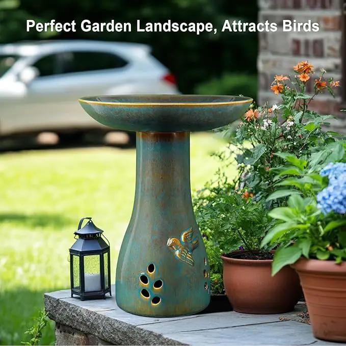 Ceramic Bird Bath for Outdoors, 21.5 inch Heavy Duty Bird Bath，Weather-Resistant Birdbath for Outdoor Garden Use, Attracts Birds, Elegant Yard Décor - Blue by GreenHaven Gardens