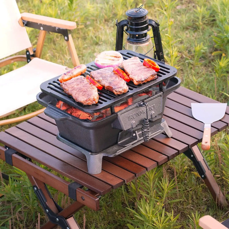 IronMaster Hibachi Grill Outdoor, Small Portable Charcoal Grill, Pre-Seasoned Cast Iron, Japanese Yakitori Camping Grill - 2 Heights, Air Control, Coal Door by GreenHaven Gardens