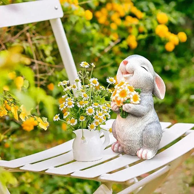 Solar Rabbit Garden Statues Outdoor Bunny Decor Resin Rabbit Figurine Holding Sunflower with LED Lights for Proch Patio Lawn Yard Christmas Housewarming Gardening Gifts for Mom Grandma by GreenHaven Gardens