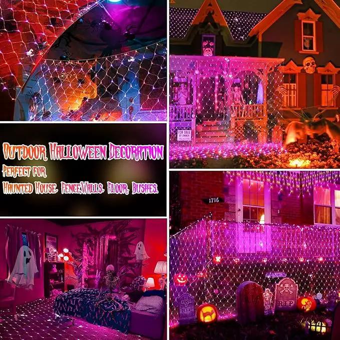 2 Pack Each 200 LED Halloween Net Lights Outdoor Waterproof 3M*2M Mesh Lights Fairy String Lights Plug in with Timer 8 Modes for Bush Window Fence Garden Yard Roof Wall Decor-Purple and Orange by GreenHaven Gardens