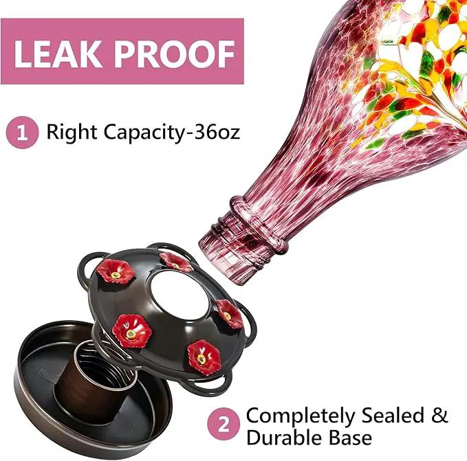 LUJII Hand Blown Glass Hummingbird Feeder for Outdoors Hanging with Ant Guard, 36 fl.oz, Leak Proof & Rustproof, Metal Base with 5 Feeding Ports & 5 Perches, Unique Garden & Backyard Decor (Purple) by GreenHaven Gardens