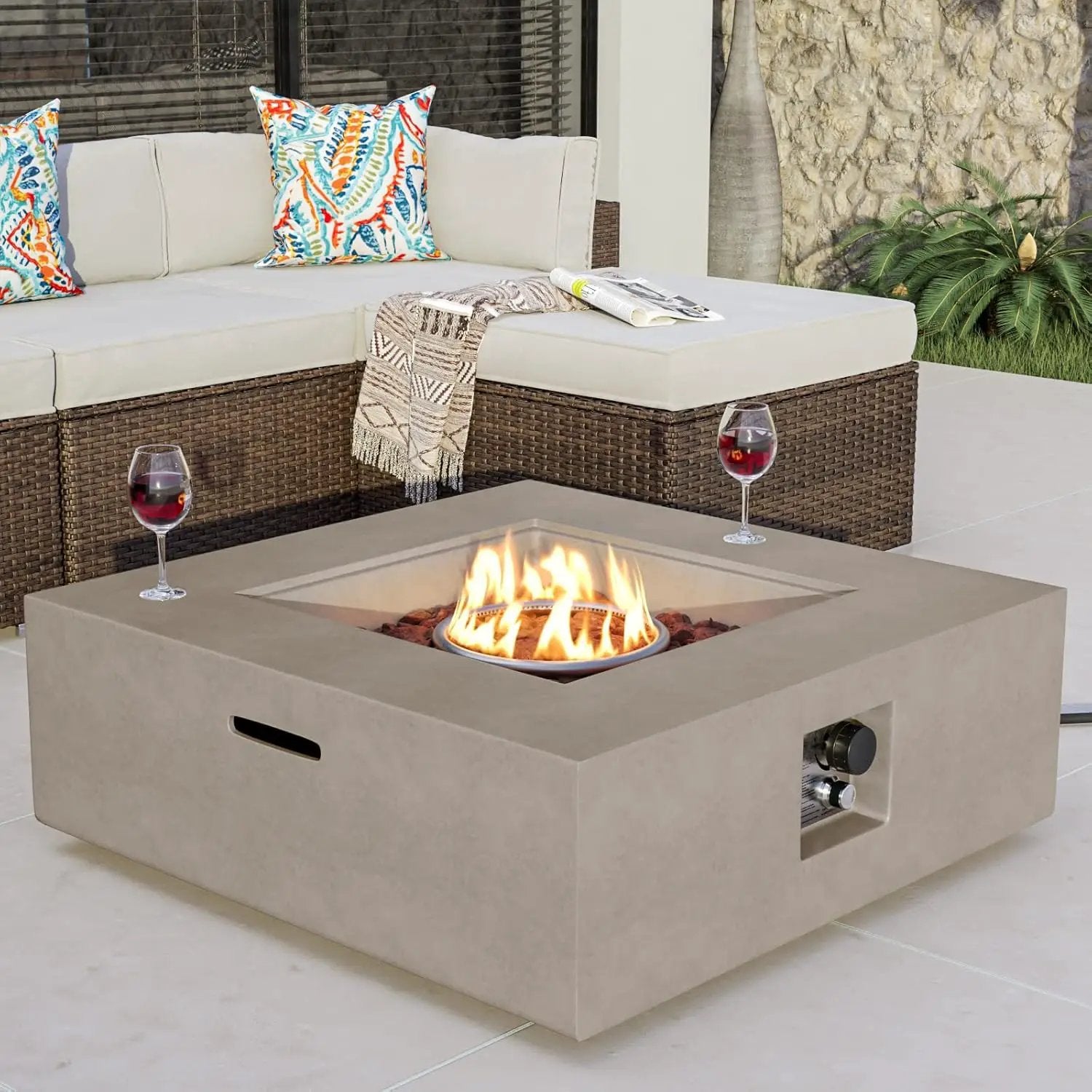 COSIEST Outdoor Propane Fire Pit Coffee Table w Square Faux Stone 35-inch Base, 50,000 BTU Stainless Steel Burner, Free Lava Rocks and Rain Cover(Gray) by GreenHaven Gardens