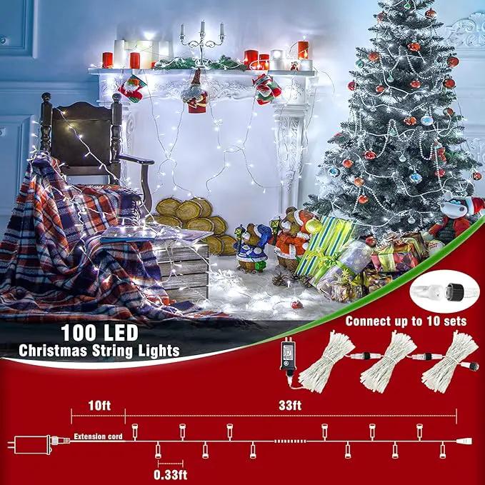 33ft 100 LED Christmas Lights Outdoor - 8 Modes Christmas String Lights Clear Wire with Time Memory, Waterproof Plug in Fairy String Lights for Indoor Outdoor Home Party Garden Decoration, Cool White by GreenHaven Gardens