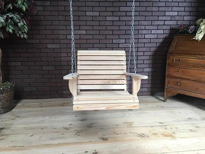 Generic 2FT Cypress Roll Porch Swing Made in USA with Hanging Hardware and Cup Holders, Unfinished Natural Wood Tone by GreenHaven Gardens