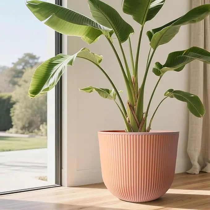 WORTH Garden Round Large Planter Pot 1-Pack, 17.5" Dia x 15.5" H - Durable Plastic Terracotta Plant Tree Pots with Vertical Stripe Textured Finish, Drainage Hole for Indoor Outdoor Front Porch Patio by GreenHaven Gardens