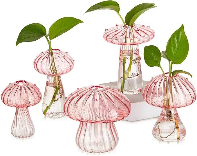 Glasseam Mushroom Plant Propagation Stations: Pink Glass Terrarium Jar Set of 5 Cute Planters for Indoor Plants Decorative Propagate Vase Unique Gifts for Women Home Office Decor by GreenHaven Gardens