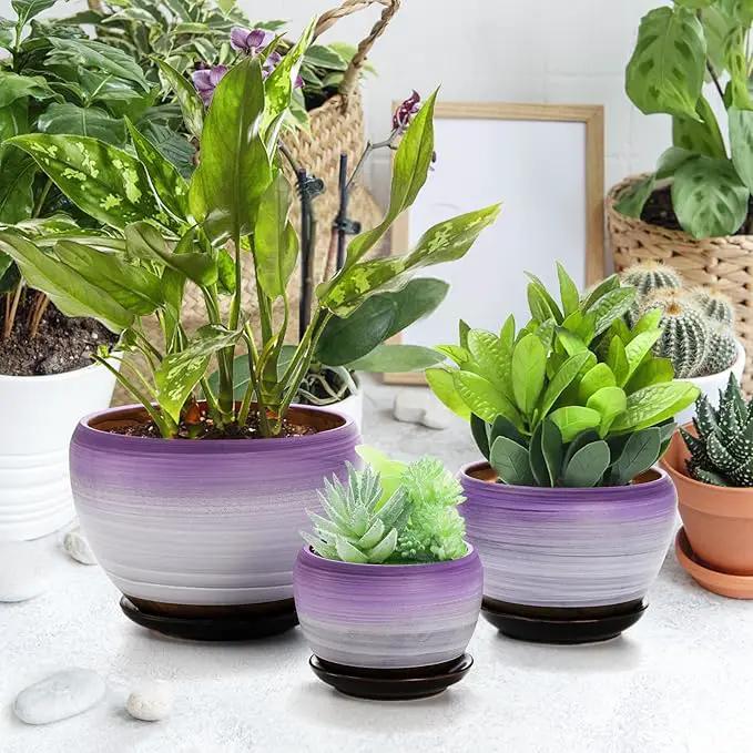 SOUJOY Set of 3 Ceramic Flower Pots, Gardening Plant Pot with Drainage Holes and Saucer, 7/5/4 inch Purple Round Succulent Herbs Cactus Planter for Indoor Outdoor by GreenHaven Gardens