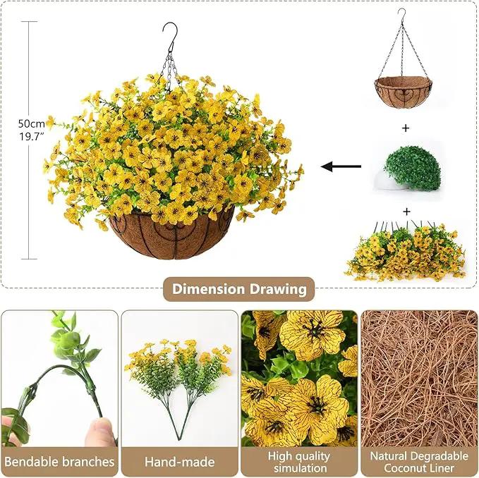 Artificial Faux Hanging Plants Flowers Basket Outdoor Indoor Patio Lawn Garden Spring Decor, Fake Silk Daisy in Basket with 12inch Coconut Lining Chain Palm Flowerpot(Yellow) by GreenHaven Gardens