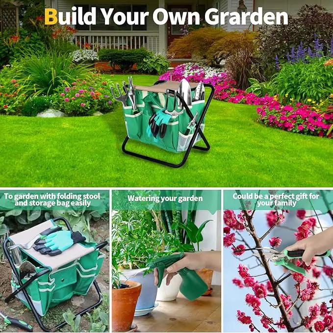 9 PCS All-in-one Garden Tools Set, Heavy Duty Cast-Aluminium Alloy Gardening Tools Kit with Folding Stool Seat&Detachable Canvas Tool Bag , Non-Slip Rubber Grip, Outdoor Hand Tools by GreenHaven Gardens