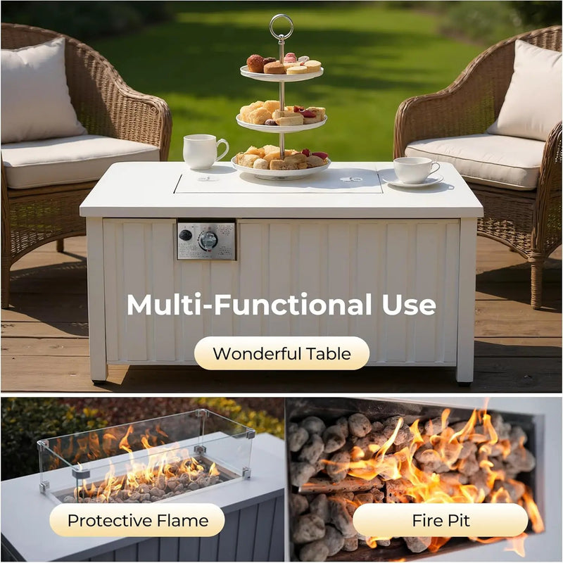 KOL 50,000 BTU Propane Fire Pit Table with Cabinet-39.5in White Gas Fireplace with Glass Wind Guard & Lid, Outdoor Rectangular Cold Rolled Plate Plastic Spraying Firepits for Patio, Backyard, Balcony by GreenHaven Gardens