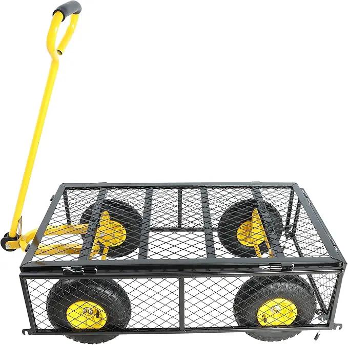 Steel Garden Cart 400 lbs Capacity with Removable Steel Mesh Sides to Convert into Flatbed, Utility Metal Wagon 180°Rotating Handle Multi-Purpose by GreenHaven Gardens