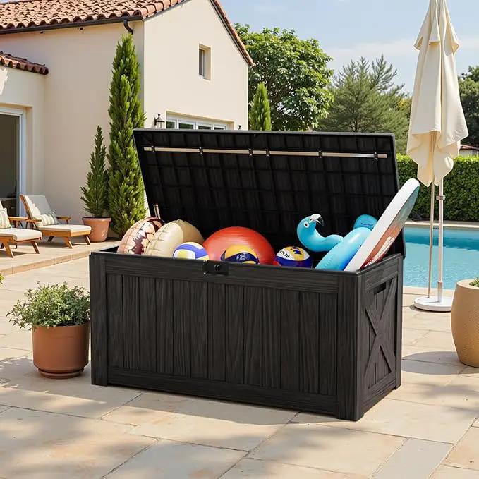 Greesum 120 Gallon Outdoor Storage Box with Lock - Large Resin Deck Box, Reinforced Lid for Garden, Patio, Lawn, Black by GreenHaven Gardens