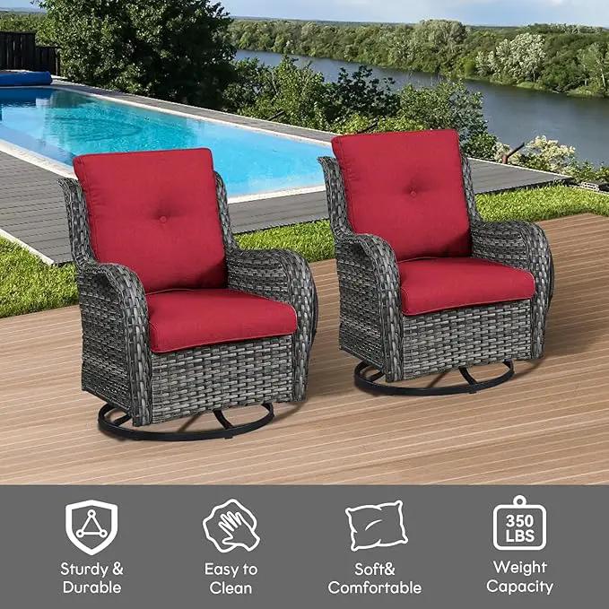 Outdoor Swivel Rcoker Wicker Chairs - Swivel Patio Chairs Set of 2 Patio Furniture Sets with Covered Cushion for Porch Deck Balcony Backyard, Red by GreenHaven Gardens