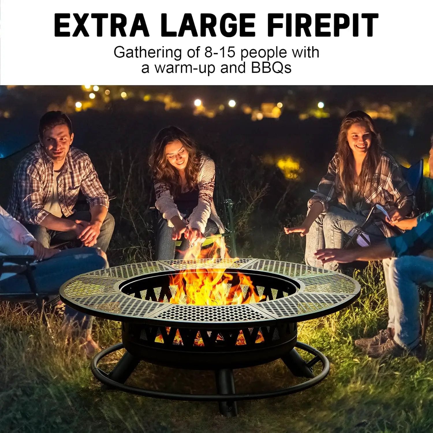 47 Inch Fire Pit with 2 Grills, Outdoor Extra Large Firepits for Outside, Wood Burning Fireplace for Camping,Picnic,Bonfire, 3-in-1 Round Metal Table with Lid for Backyard,Patio,Party by GreenHaven Gardens