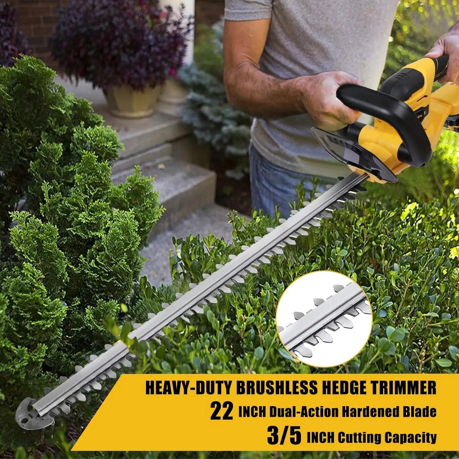 MaxMore Cordless Hedge Trimmer, Compatible with DeWALT 20V Max Battery (Tool Only) Electric Brushless Hedge Shear with 22-Inch Blade & 1500RPM Speed & Safety Lock, Lightweight & Handheld for Lawn Yard by GreenHaven Gardens