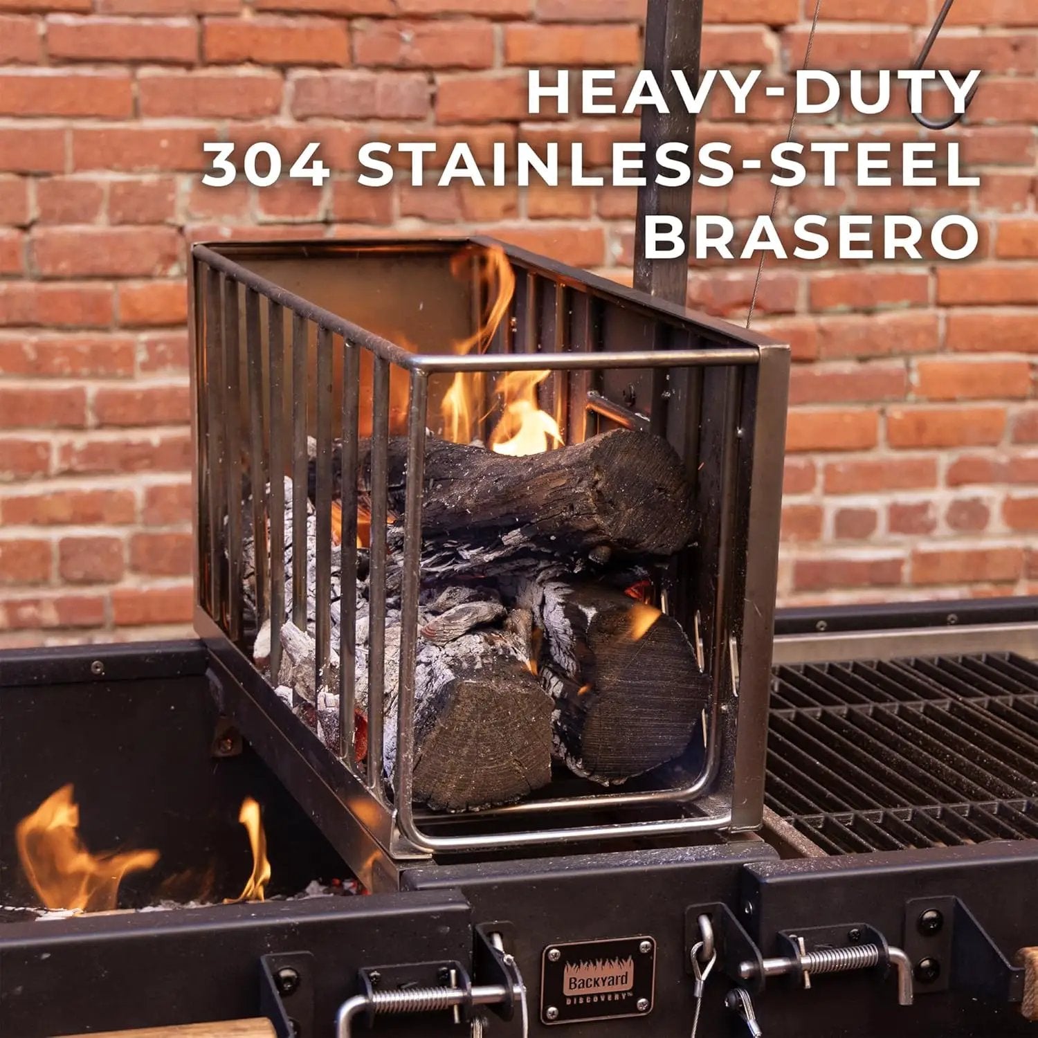 Backyard Discovery Argentine Santa Maria XL Wood Fire & Charcoal Steel BBQ Grill with Asado Clamp, Adjustable Grill Grates, Brasero, Fire Bricks, S-Hooks, Acacia Wood Table for Outdoor Gaucho Grilling by GreenHaven Gardens