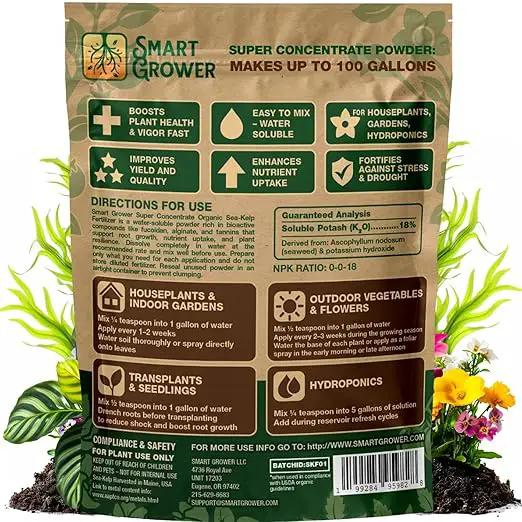 Organic Sea Kelp Fertilizer for Plants – Water-Soluble – Makes 100 Gallons – Kelp Meal Concentrate Plant Food – for Indoor Gardens, Hydroponics, Vegetables, Houseplants - Smart Grower - 4oz Bag by GreenHaven Gardens