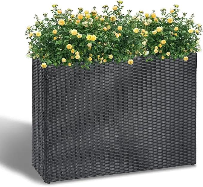 LEWIS&WAYNE Large Rectangular Block Planter Box Handmade Wicker Tall Planters for Outdoor Plants with Removable Liners Modern Planter for Indoor Outdoor Patio Deck - Black, 38''x11''x30'' by GreenHaven Gardens