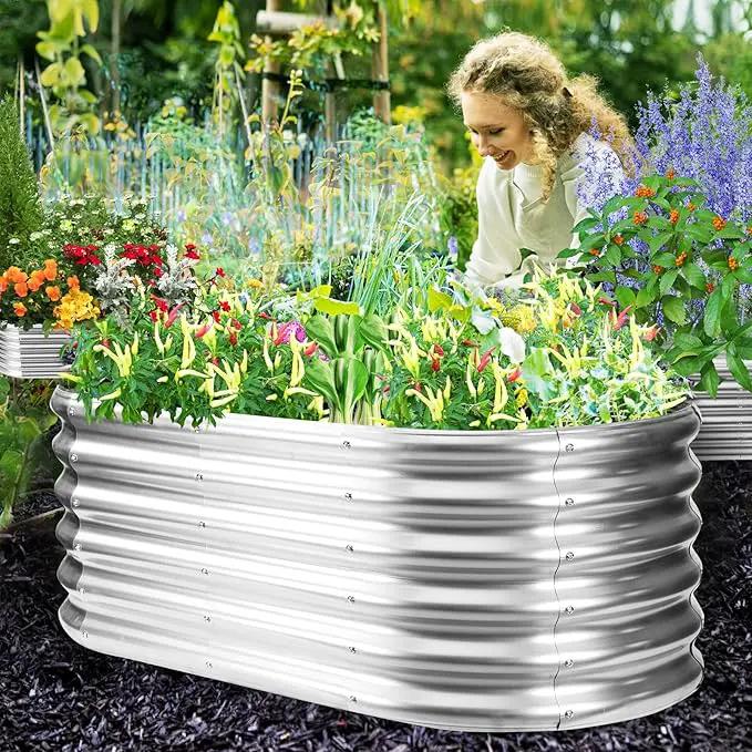 17" Tall Outdoor Garden Raised Garden Bed Kits, 4ft X 2ft Oval,0.8MM Thick Metal Raised Planter Bed/Ground Planter Box for Variety of Flowers,Herbs,Vegetables (Silver, 48X24X16.5 Inches) by GreenHaven Gardens