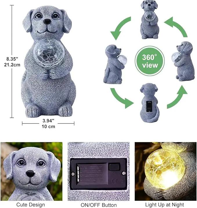 Solar Dog Garden Statues - 8.4 "Dog Decor with Gazing Ball Solar LED Lights, Unique Gifts for Mom Grandma Birthdays, Outdoor Decor for Outside Lawn Porch Patio (Gray) by GreenHaven Gardens